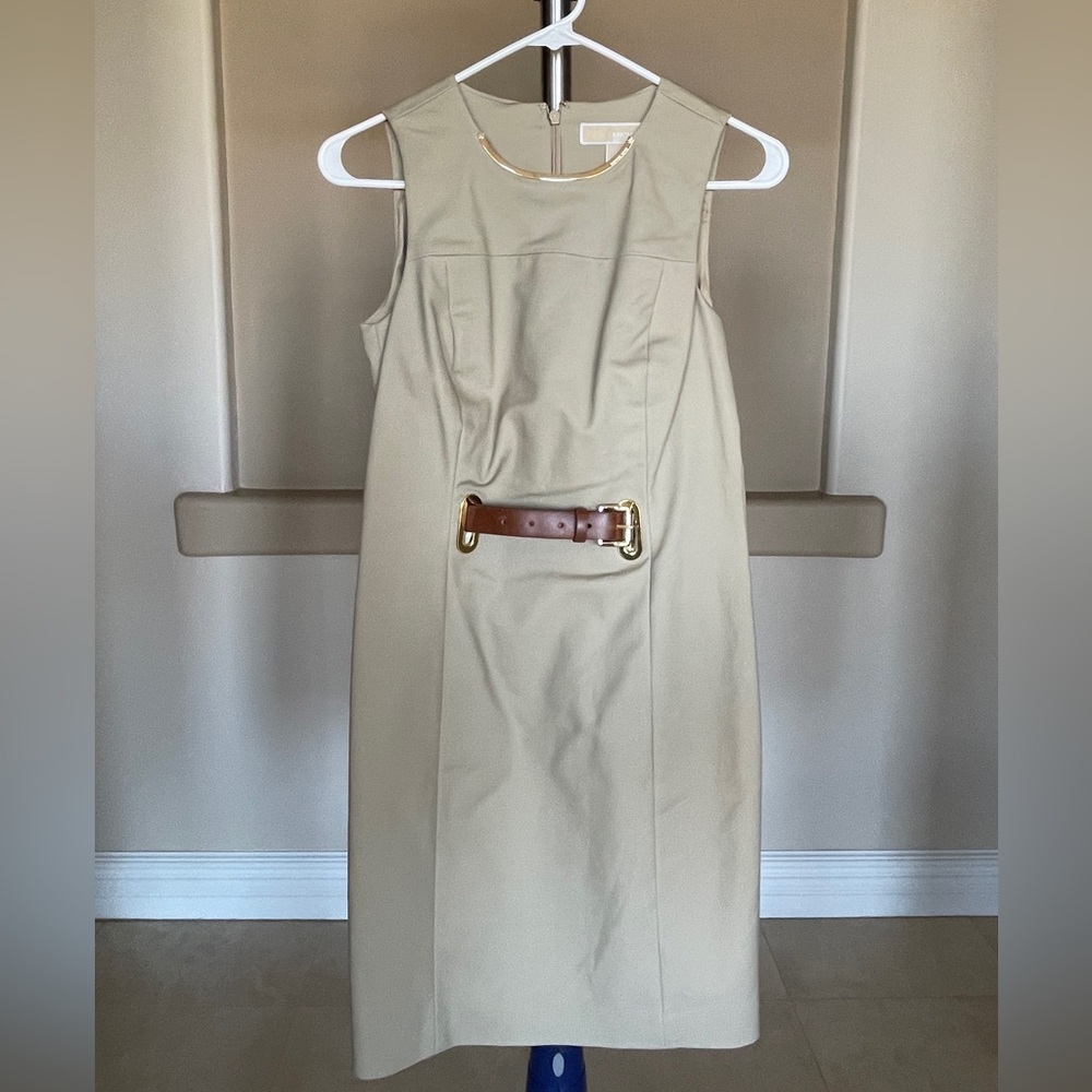 Michael Kors, Sheath Dress, Tan, Leather Belt. Gold Neck Detail